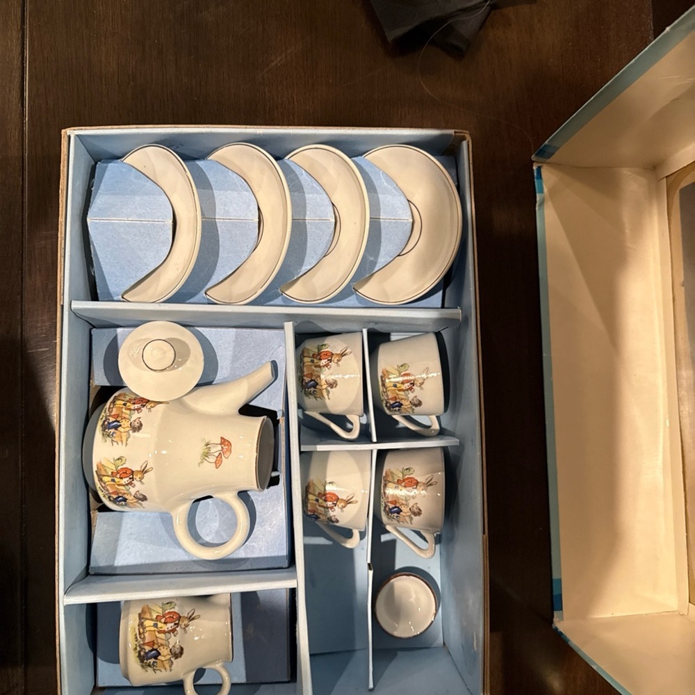 Vintage children's porcelain tea set mint in box by Kahla Rabbit 12 Pieces